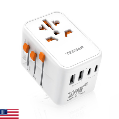 Tessan Universal Travel Adapter 100W Gan International Power Adapter 5 Usb3 Usb
