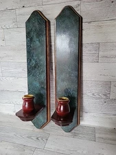 2 Home Interiors Wall Sconces Hunter Green Wood Candle Holders Homco NEW IN BOX