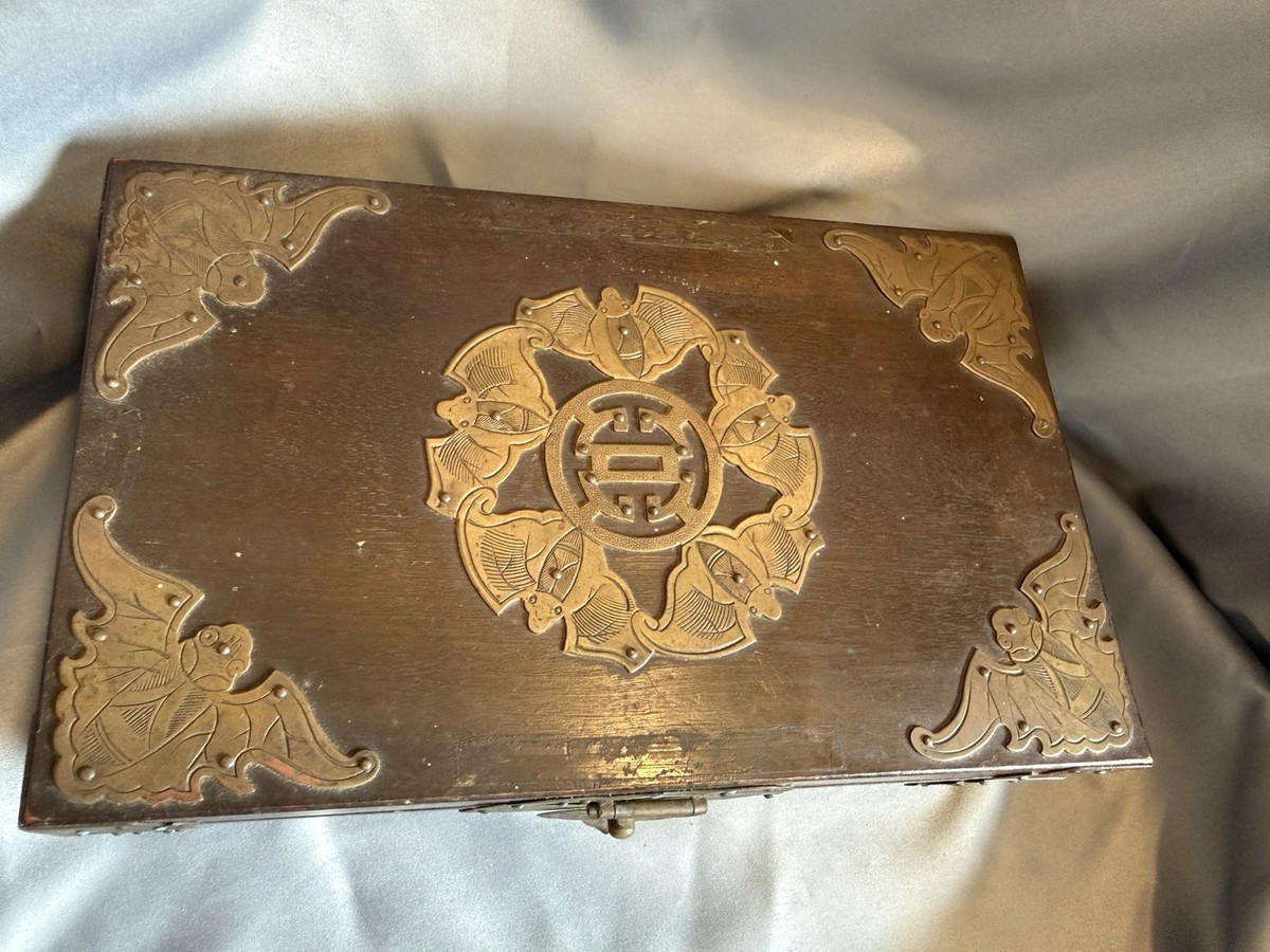 **アンティーク風♡SAVON‪ꔛ‬パウダーBOX** Vintage 1950s WHITMAN'S WOOD JEWELRY BOX Made In Japan BRASS BAT