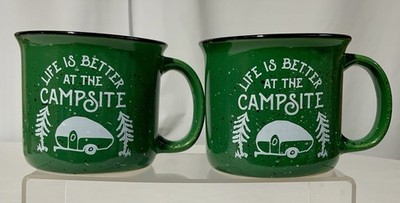 Camco  Life is Better at the Campsite  Set of Two Green Speckled 16oz. Mugs