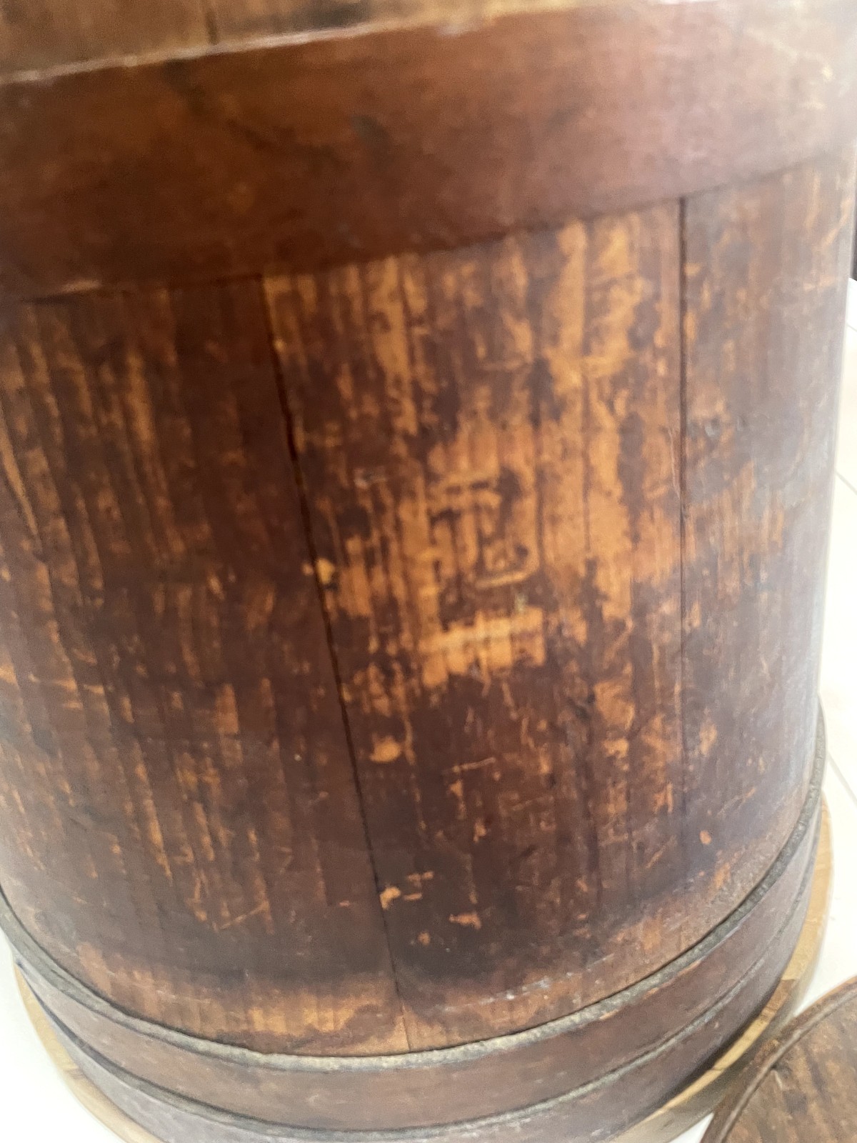 Antique FIRKIN Wooden Sugar Bucket, Finger Bands, Pegged, Bentwood Handle, EUC