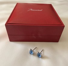 Baccarat Medicis Riviera Blue Crystal Square Stud Earrings Sterling Silver