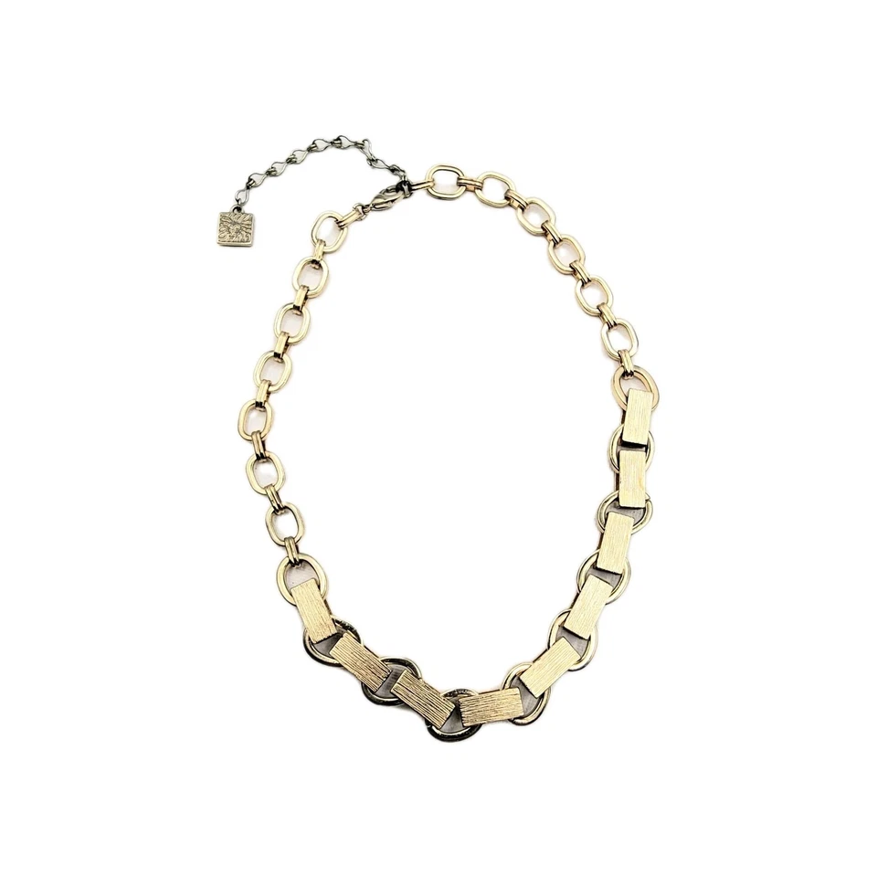 Gargantilha de corrente Anne Klein tom dourado couro borgonha robusto colar vintage - Imagem 2 de 4