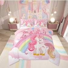 Girls Unicorn Twin Bed Comforter Set Rainbow Princess Pink Unicorn Bedding Se...