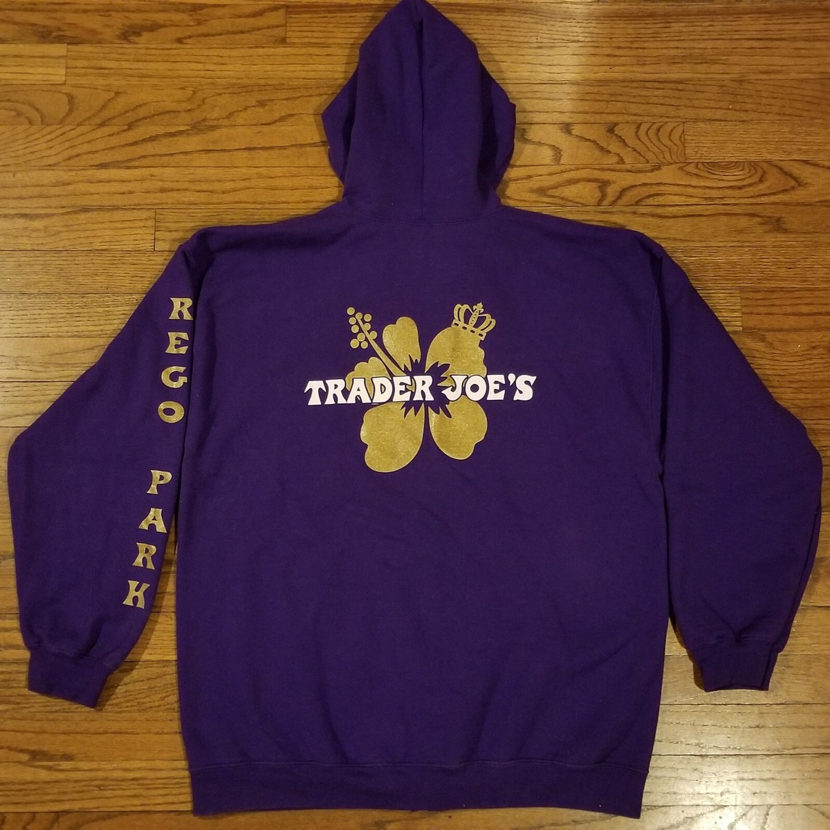 Trader Joe's Zip Hoodie Purple XL Gold Hibiscus Crown Logo Limited