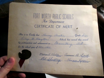 1952 FORT WORTH PUBLIC SCHOOLS ART DEPARTMENT CERTIFICATE OF MERIT BBA-45