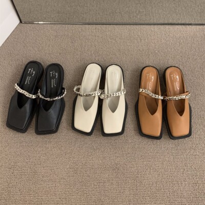 French Retro Flat Mule Shoes Slippers, Women's 2025 Summer Faux Leather Shoes