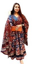 Women's Girls Handblock Print Cotton Ankle Length Round Neck Anarkali Set