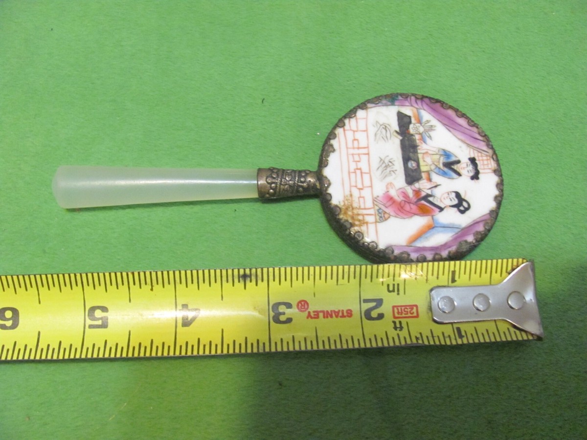 Vintage JAPANESE HAND MIRROR with JADE HANDLE Hand Painted