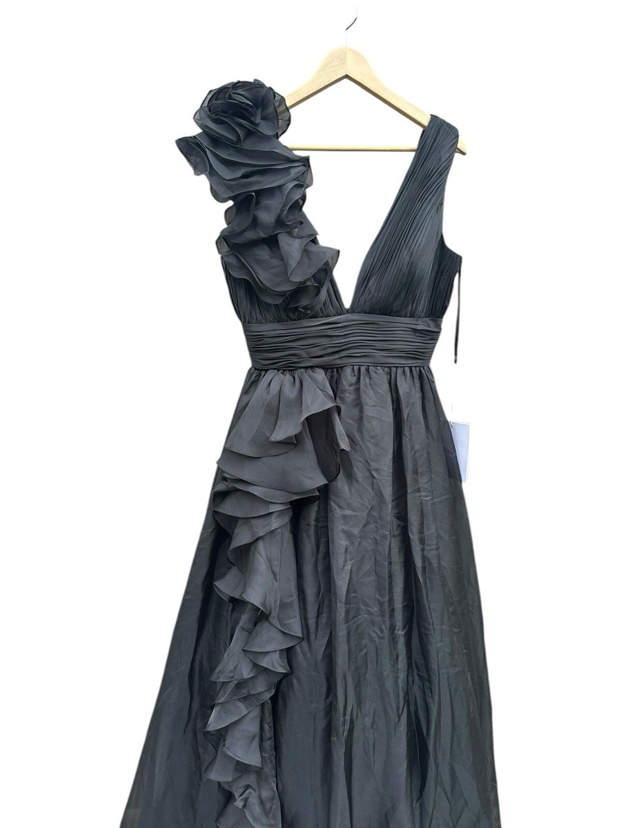 Mac Duggal★フリルショルダー シフォンボールガウン ドレス 黒 NEW, Mac Duggal RUFFLE SHOULDER V-NECK CHIFFON GOWN in Black