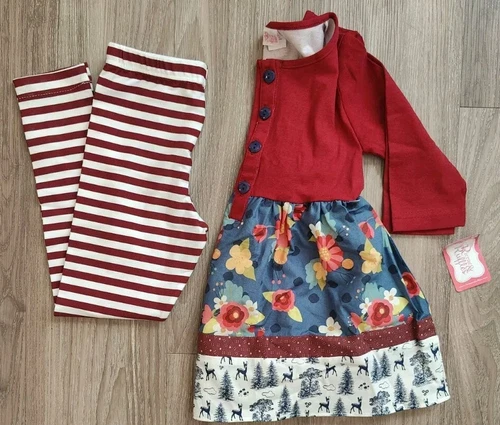 NWT Ricrac & Ruffles Size 5 Dress Long Sleeve Tunic w/Pants Red Floral Forest