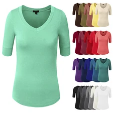 NE PEOPLE Women Light Weight Comfy Elbow Sleeve Solid V-Neck Top Shirt [NEWT23]