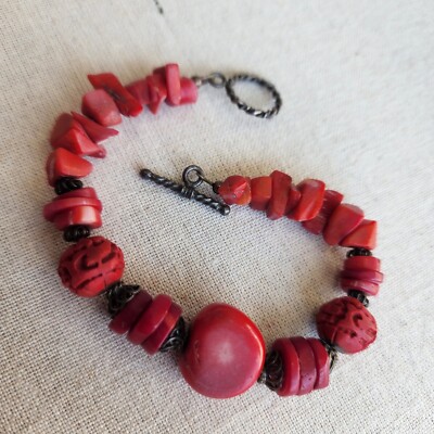 Silpada Sterling Silver Coral Carved Cinnabar Bead Bracelet