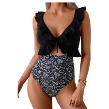Black Floral Ruffle Cutout One Piece Swimsuit V-Neck Size M NEW
