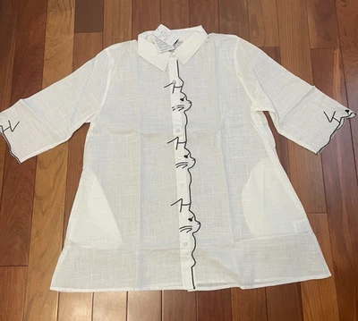 White cat side profiles button-up swing shirt M-L NWT - Image 1 of 4