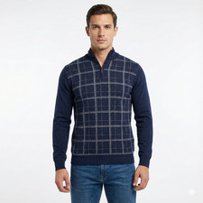 Tasso Elba Men's 1/4 Zip Sweater Pullover Cotton Blend Plaid Grid Blue Twist NWT