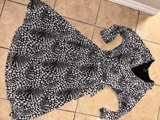 Roberta Olivis Black White Geometric V-Neck Midi Dress Tie Waist Fit & Flare M