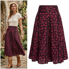VTG 90s Dimri Women's Floral Belted Cotton Pleated Midi Whiksy Boho Skirt Sz M