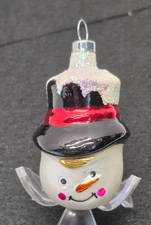 Snowman Snow Glitter Christmas Tree Ornament Blown Glass Decoration Face Head 3"