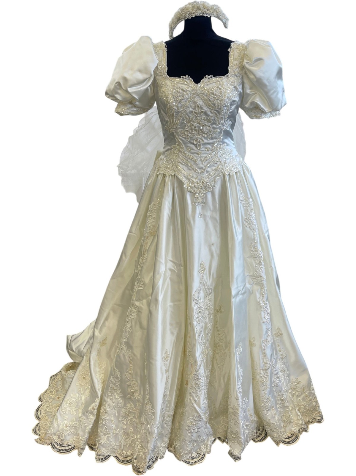 Vintage 1980s Puff Sleeve Wedding Dress Size 12 with Accessories Beaded Sequin