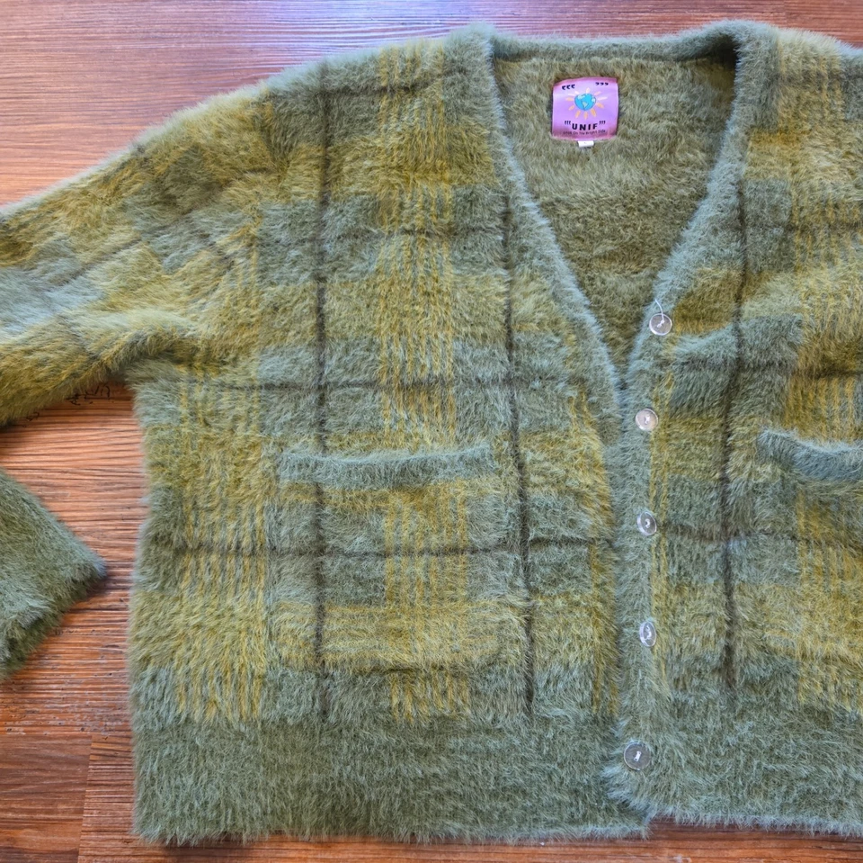 Cárdigan suéter para mujer Unif verde a cuadros difuso cuello en V talla L estilo Kurt Cobain Foto 3 de 4