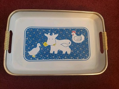 Vintage Lacquerware Artmark Japan Farmhouse Cow Chicken Duck 10'' Rectangle Tray 