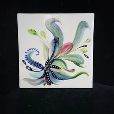 Studio Art Pottery Tile Trivet Floral 6x6" Vintage Ceramics Dot Peoples Signed