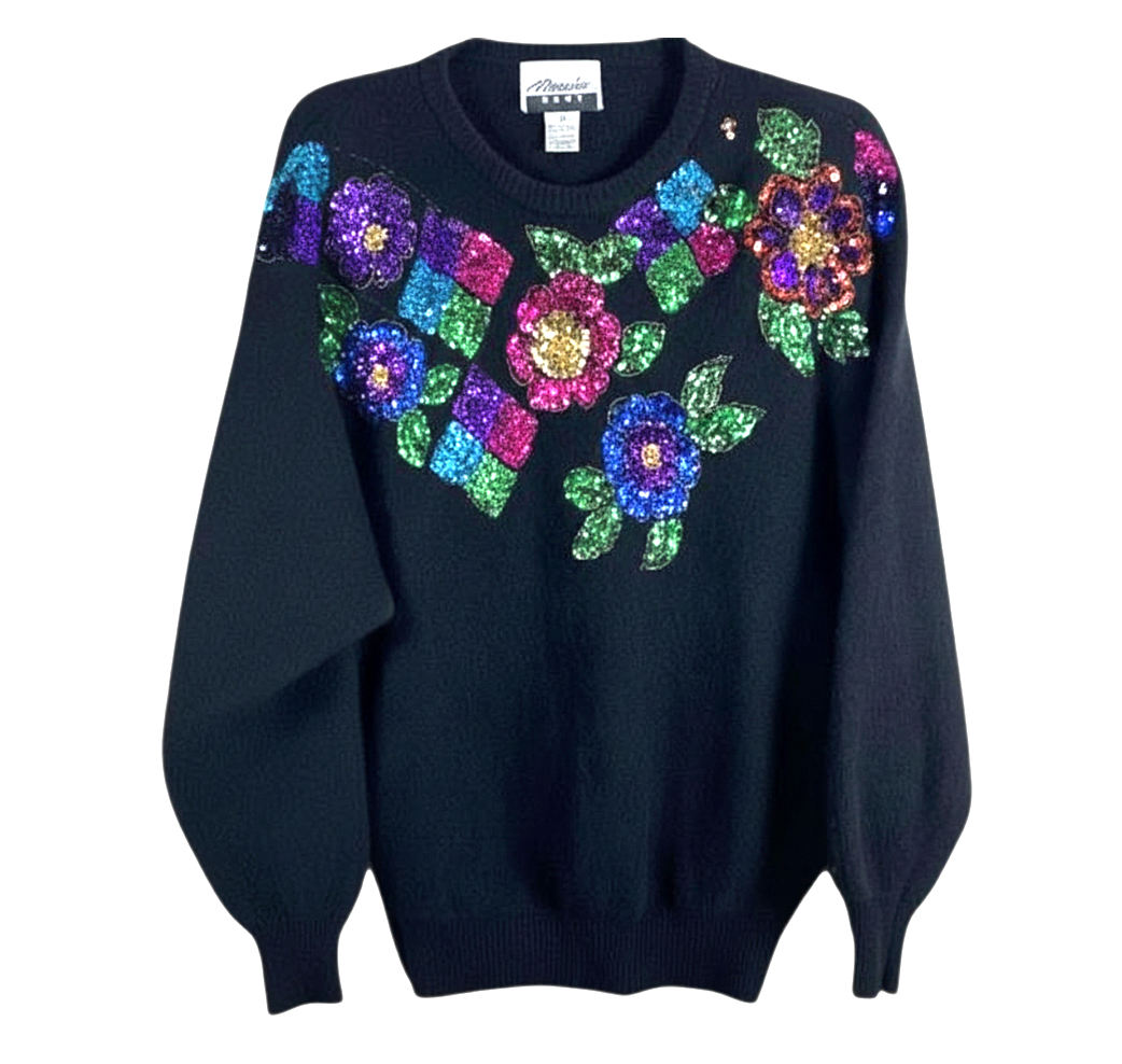 VTG Marnie West Black Sweater SEQUIN FLOWERS Lambswool/Angora Coquette Fuzzy M