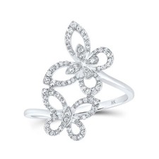 10K White Gold Womens Round Genuine Diamond Double Butterfly Ring 1/4 Cttw