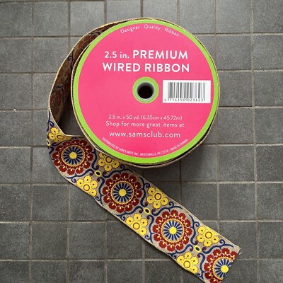 Sam’s Club 2.5” Premium Wired RIBBON ~49 yards Yellow Red Blue Floral ...