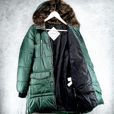 Garage Parka Puffer Jacket Womens Green Faux Fur Lined Hood Size Xs Full Zip