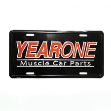 YearOne Muscle Car Parts license plate. Black background with Red and White embo