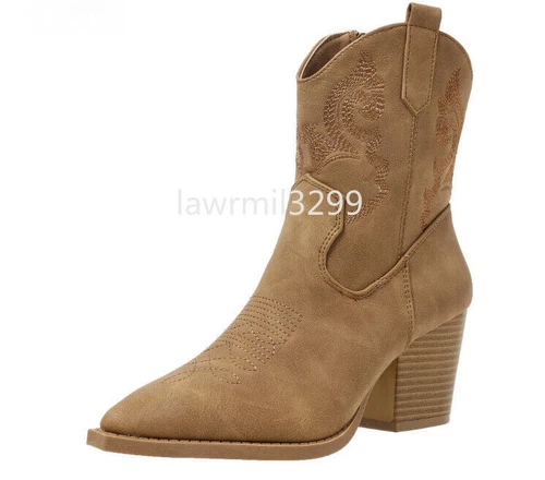 Cowboy Boots Mid Calf Shoes Ladies Zip Heel Western Faux Leather Womens Size UK - Picture 8 of 19