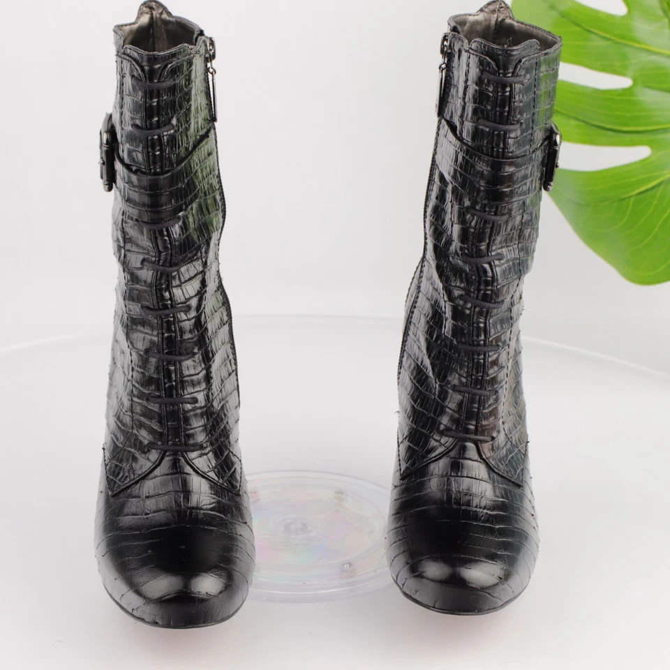 Talbots Womens Boot Size 9 Black Croc Leather High Heel Elegant Bootie Mid Calf - Image 3 of 4
