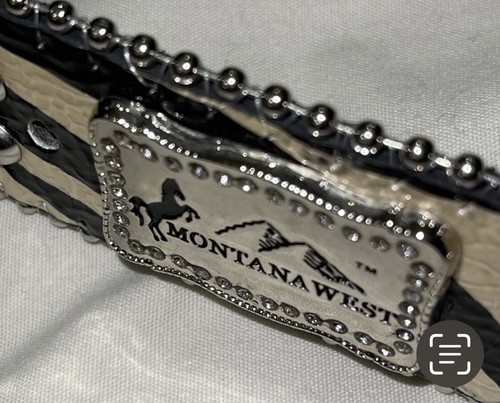 Montana West Ladies Leather Belt Black White Bling Rhinestone Womens Sz 38 NWOT - Picture 6 of 7