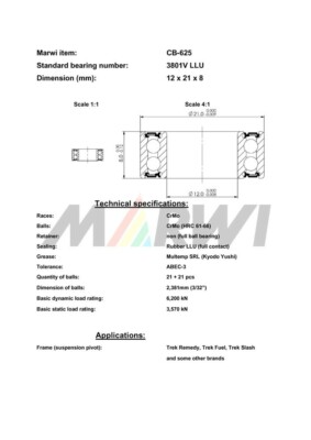 Roulement Marwi MAX 3801V (12x21x8mm) Double Rangée LLU – Neuf
