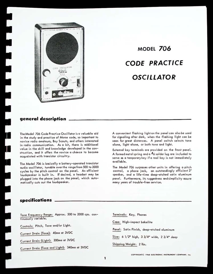 EICO Model 706 Code Practice Oscillator Operating and Assembly Manuals - Image 2 of 2