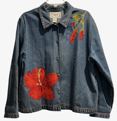 Vintage Tantrums Blue Denim Shirt Jacket Size M Pockets Red Hibiscus Applique - Image 1 of 4