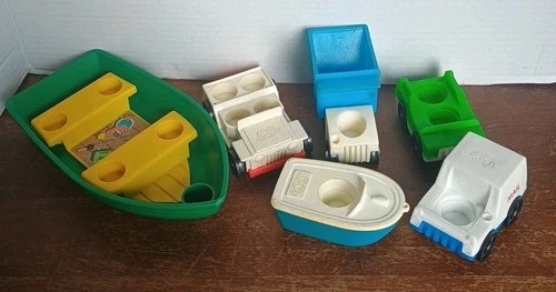 Vintage Fisher Price Little People Cars Truck Fishing Boats Mail truck lot of 6