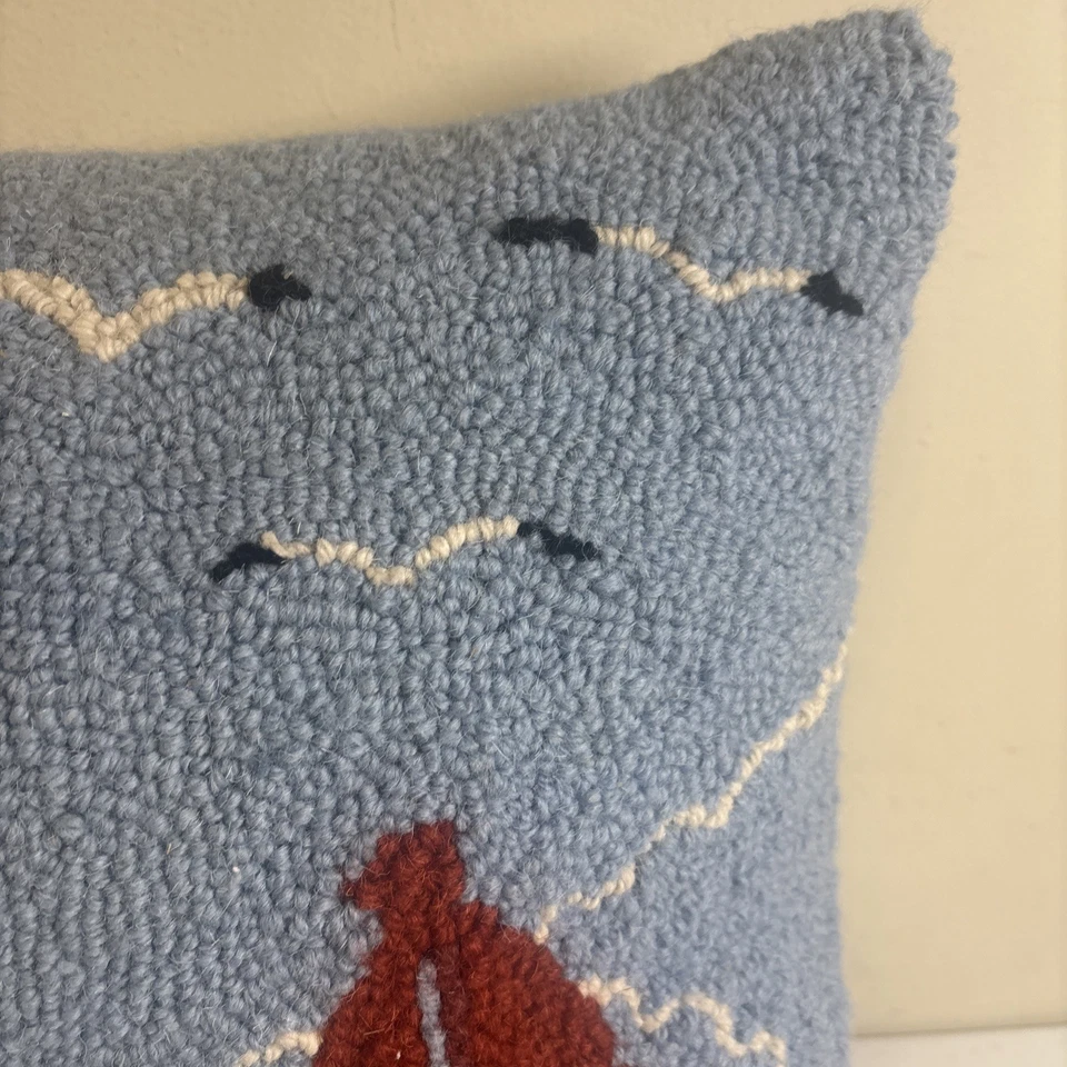 Lighthouse With Sailboat Wool Hooked Throw Pillow 16” Square Coastal Nautical - Image 3 of 4
