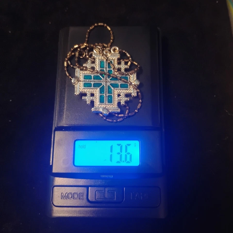 GIGANTE 40mm PESADO 13.6g Jerusalén Cruz Colgante Azul Brillo Esmalte Cadena 24" Foto 2 de 4
