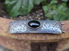 Navajo Barrette 925 Sterling Silver Stamped Design Onyx Cabochon Signed