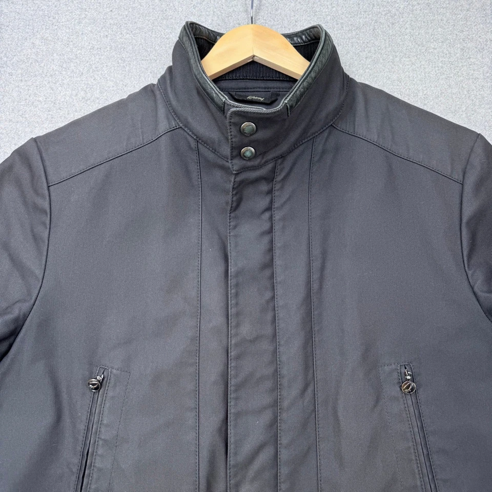 Abrigo Chaqueta de Campo Brioni Para Hombres Negro Borde de Cuero Hecho en Italia Forrado en Lana 46 *DEFECTOS Foto 4 de 4