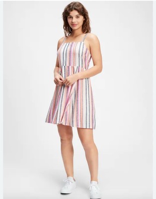 The Gap Linen-Blend Mini Dress Women Sz XS Square Neck Cami Stripe Coastal Tank