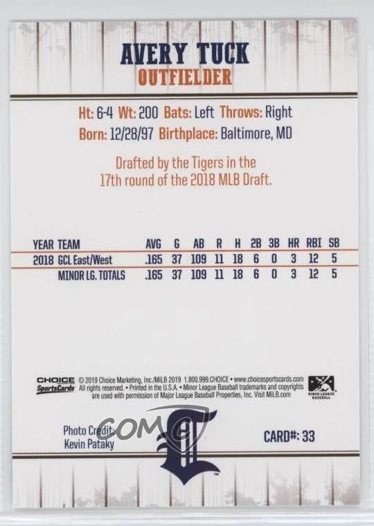 2019 Choice Connecticut Tigers Avery Tuck #33 - Image 2 of 2