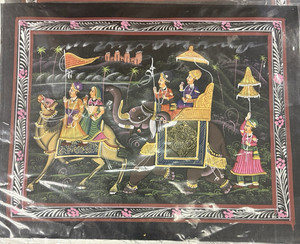Indian Hindu Art Royal Procession on Elephant and Camel, Hand Painted on Silk