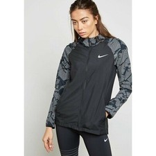 Nike Running Jacket Black Grey Geometric Pattern Hooded Full Zip Windbreaker XS