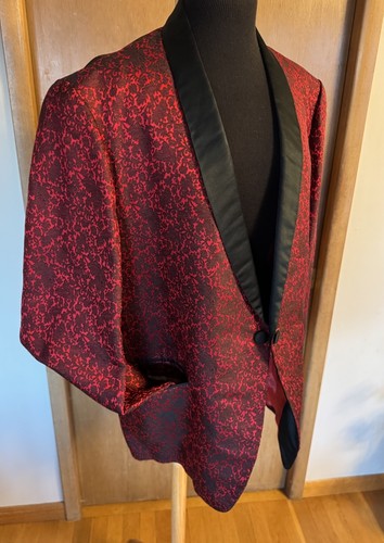 Vintage 1960’s Smoking Jacket Blazer Satin Red Brocade Custom Made in Hong Kong