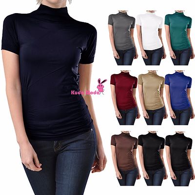 Women Seamless Stretch Short Sleeve Mock Neck Turtleneck