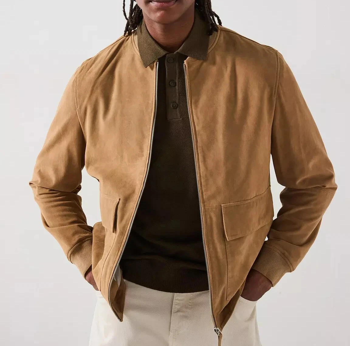 Mens Brown Vintage Suede Leather Jacket Slim Fit Bomber Biker Trucker Jacket L